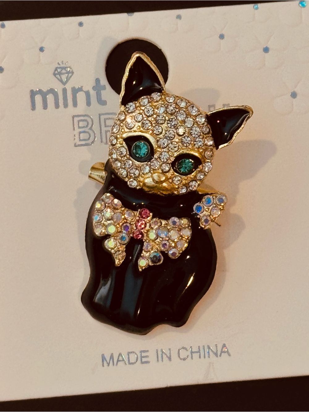 Sparkling Black Enamel Cat Brooch with Rhinestones and Emerald Green Eyes NWT